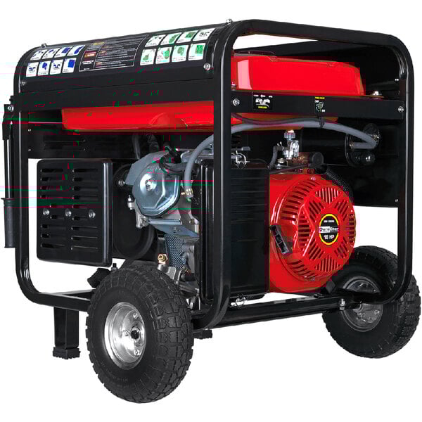 A DuroStar portable generator with a red and black engine on a white background.