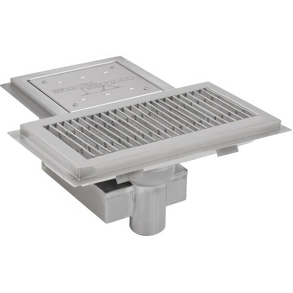 An Eagle Group stainless steel floor trough with a stainless steel square grate.