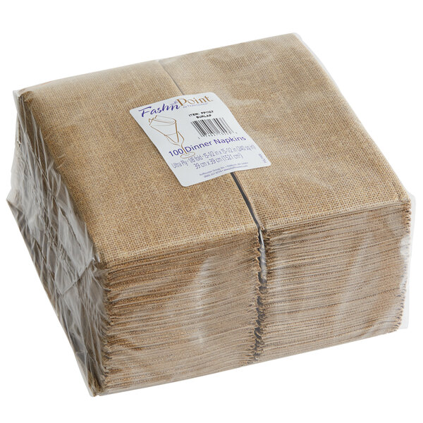 A plastic bag of Hoffmaster FashnPoint burlap print dinner napkins.