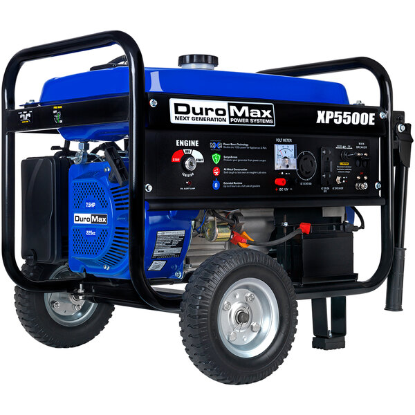 A blue and black DuroMax portable generator.