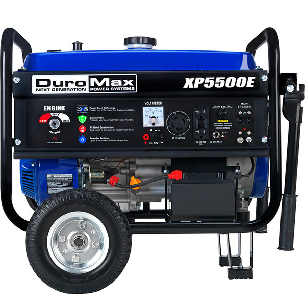 A blue and black DuroMax portable generator with a wheel kit.