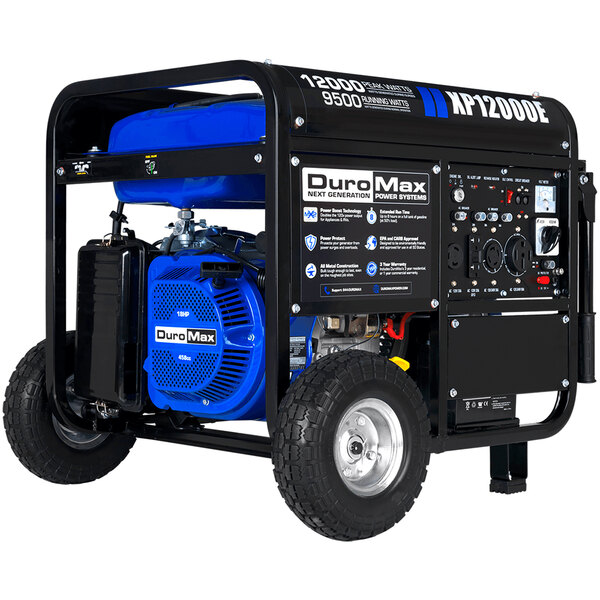 A DuroMax portable generator with a blue tank and wheel kit.
