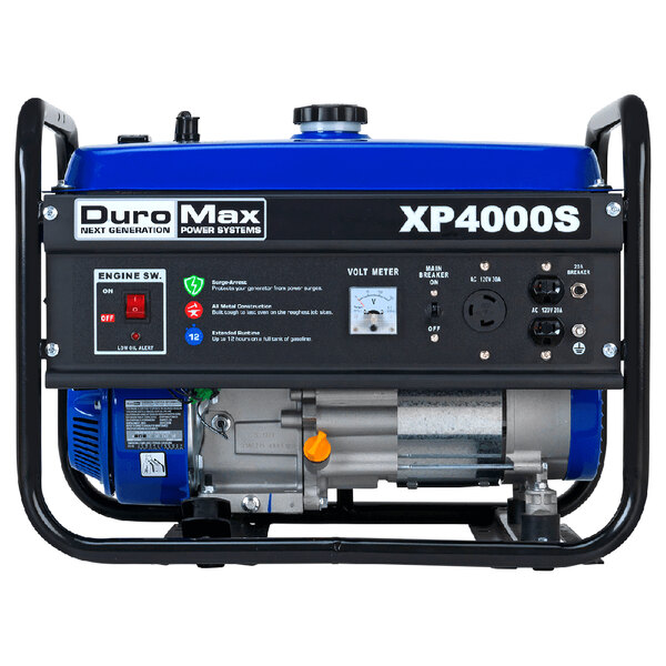 A DuroMax portable generator with a blue and black cover.