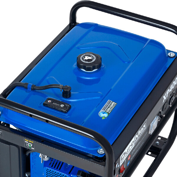 A close-up of a DuroMax portable gasoline powered generator with a recoil start on a white background.