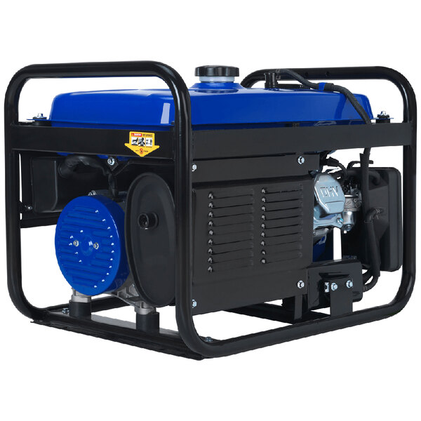 A close-up of a DuroMax portable generator with blue and black parts.