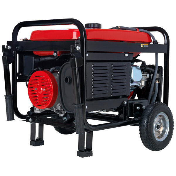 A DuroStar portable dual fuel generator with a red and black engine and wheel kit.