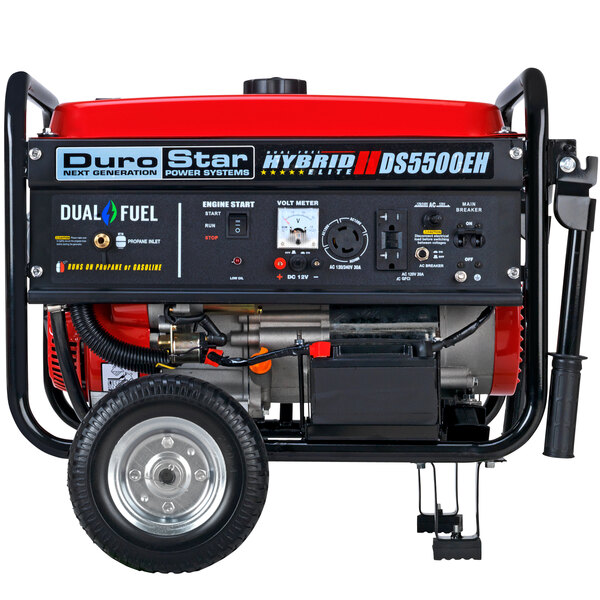 A DuroStar portable generator with a red and black cover on wheels.