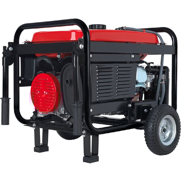 A DuroStar portable dual fuel generator with a red engine and wheel kit.