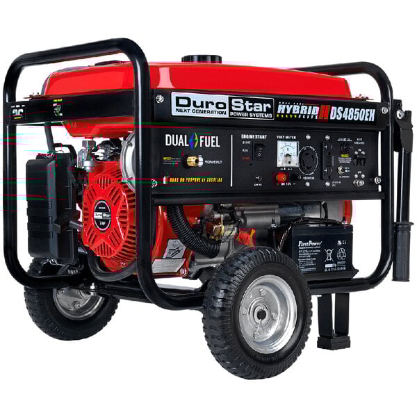 A red and black DuroStar portable generator with a wheel kit.