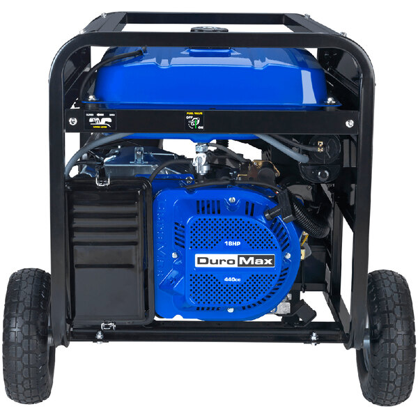 A blue and black DuroMax portable generator on wheels.