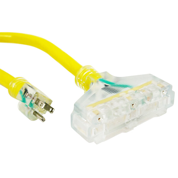A close up of a yellow DuroMax 10/3-gauge extension power cord with a plug.