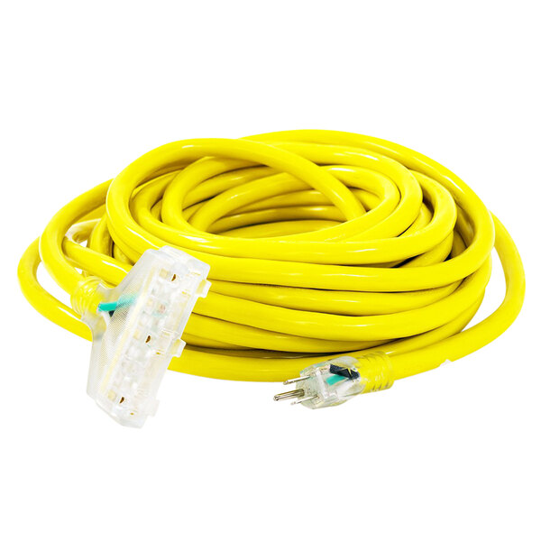 A yellow DuroMax extension cord with two yellow plugs and a white plug.