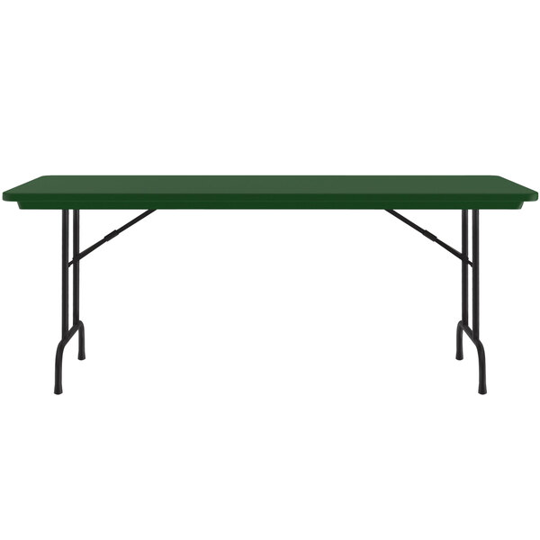 A green rectangular Correll folding table with black legs.