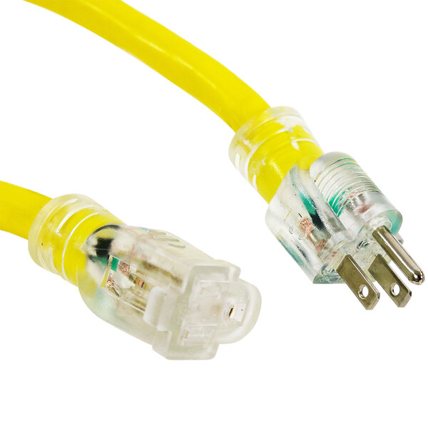 A close-up of a yellow DuroMax extension cord with two plugs on it.