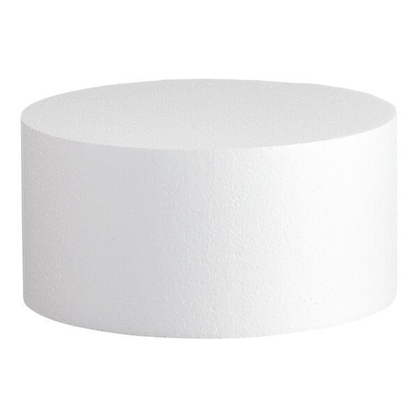 A round white foam cake dummy measuring 12 inches by 6 inches.