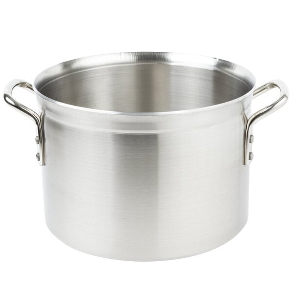 A close-up of a Vollrath stainless steel sauce pot with two handles.