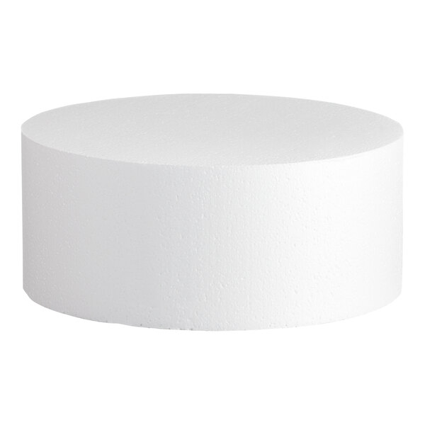 A round white foam cake dummy measuring 14 inches by 6 inches.