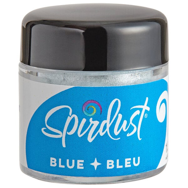 A close up of a blue and white Spirdust container with a black lid. The powder inside is blue and bluish glitter.