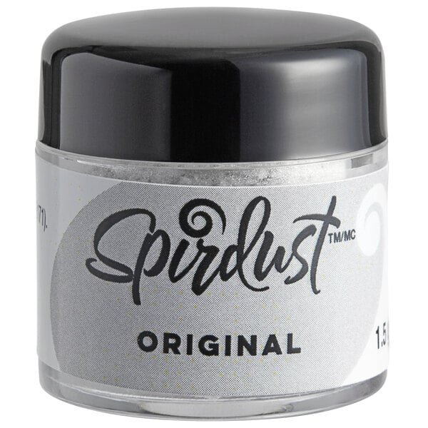 A black and silver Spirdust jar with a white label filled with silver cocktail shimmer.