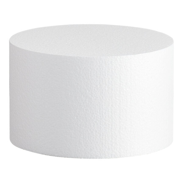 A white, round foam cake dummy measuring 8 inches in diameter and 5 inches in height.