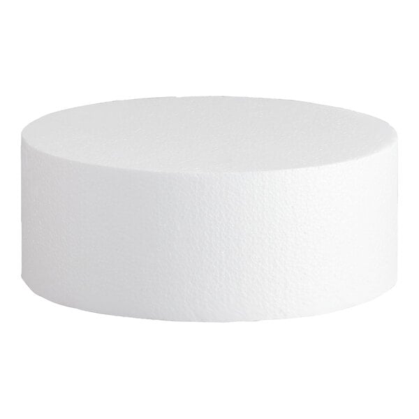 A round white foam cake dummy measuring 10 inches by 4 inches.