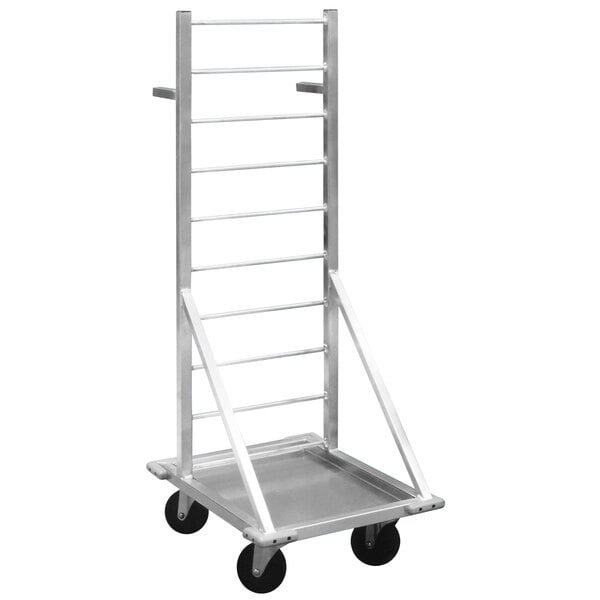 A Winholt mobile fryer basket rack with black wheels.