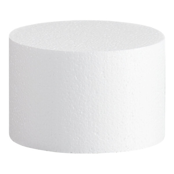 A white, round foam cake dummy measuring 6 inches by 4 inches.