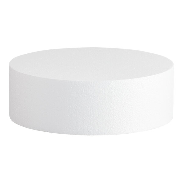 A round white foam cake dummy measuring 12 inches by 4 inches.