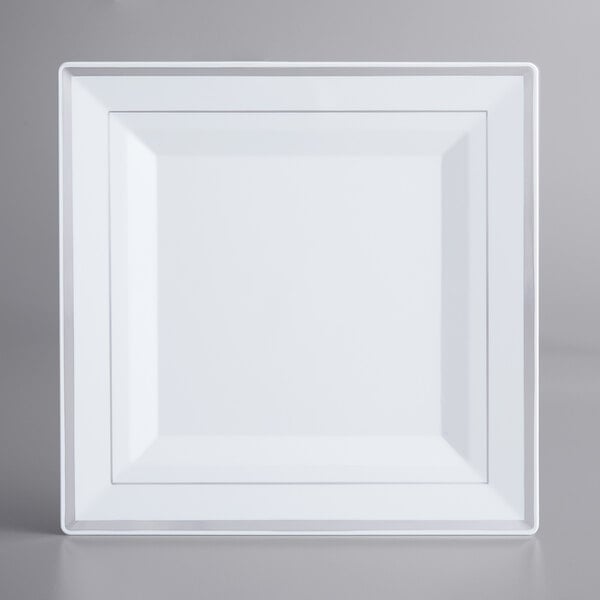 A white square plate with a silver border.