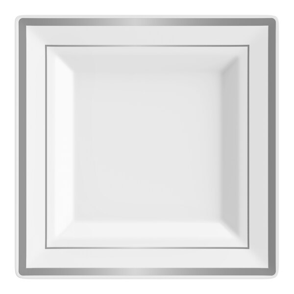 Visions Halo 10" Square White Plastic Plate with Silver Bands - 10/Sample