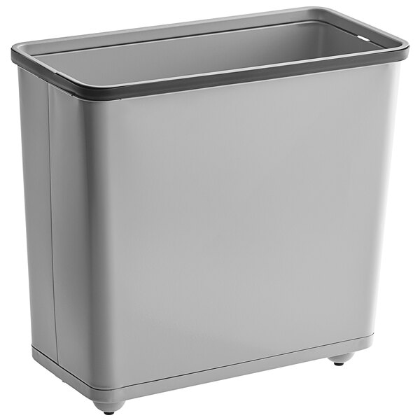 A grey rectangular Rubbermaid trash can with a black lid.