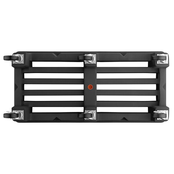 A black plastic Regency dunnage rack with silver metal casters.