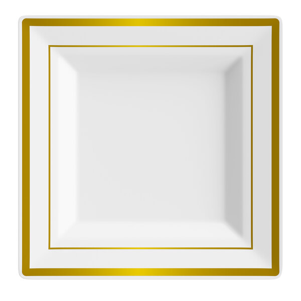 Visions Halo 6" Square White Plastic Plate with Gold Bands - 10/Sample
