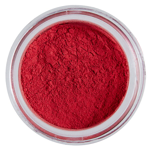 A container of red powder labeled "Roxy & Rich Red Orange Fondust" in a glass container.