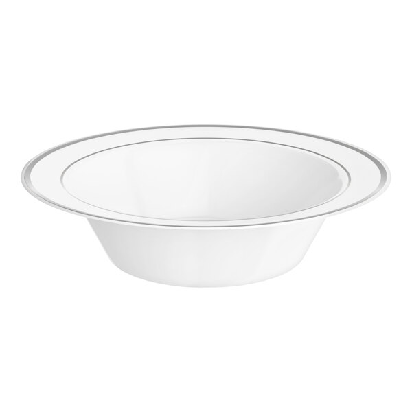A white plastic bowl with silver bands around the rim.