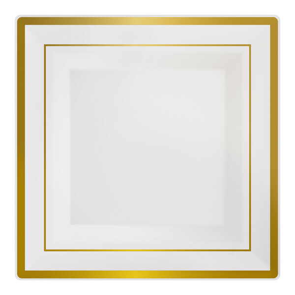 Visions Halo 10" Square Bone / Ivory Plastic Plate with Gold Bands - 10/Sample