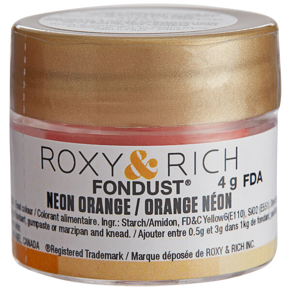 A small container of Roxy & Rich Neon Orange Fondust food color with a label.