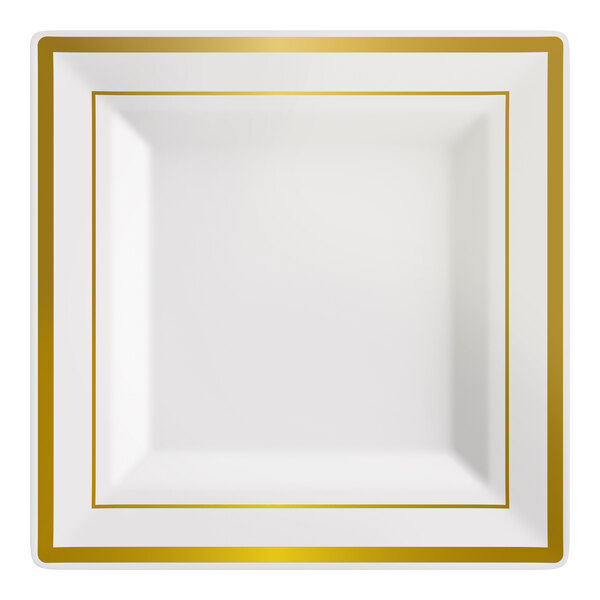 Visions Halo 6" Square Bone / Ivory Plastic Plate with Gold Bands - 10/Sample