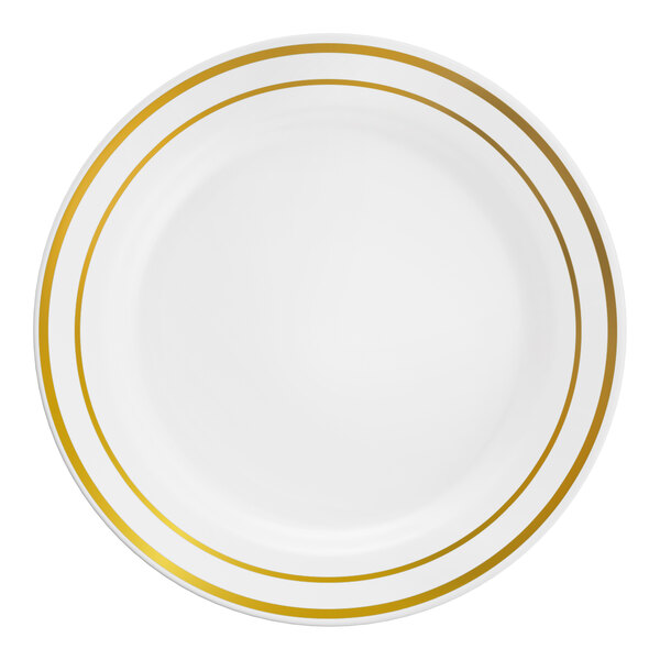 A white plastic plate with two gold bands near the rim.