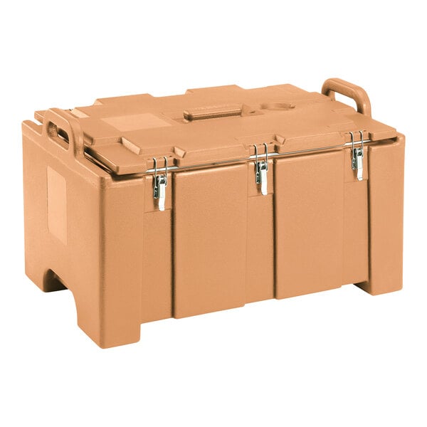 A large brown plastic box with handles.