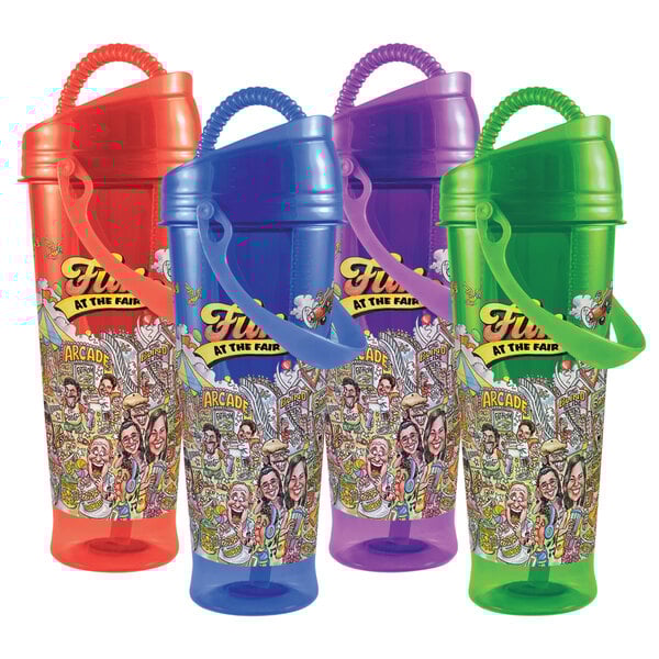 A close-up of a colorful 32 oz. Tizzeroo souvenir cup with a lid and straw.