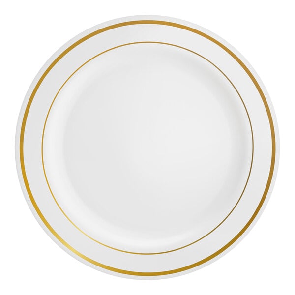 A white plastic plate with two gold bands around the rim.