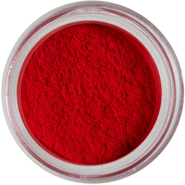 A container of Roxy & Rich Red Rose Petal Dust, a red powder in a jar.