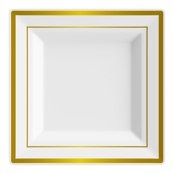 Visions Halo 10" Square White Plastic Plate with Gold Bands - 10/Sample
