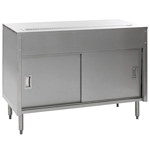 An Eagle Group stainless steel urn stand cabinet with sliding doors.