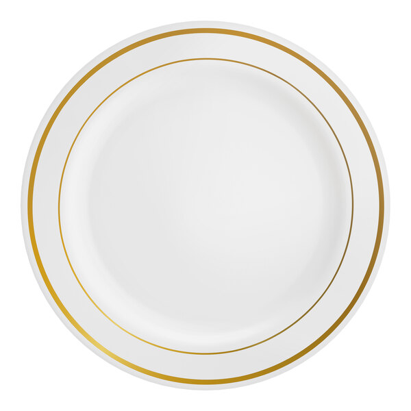 A white plastic plate with two gold bands near the rim.