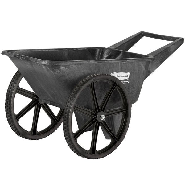 A black Rubbermaid Big Wheel Cart with black wheels.