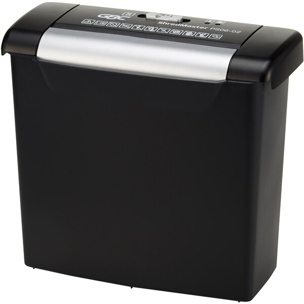 A black and silver GBC ShredMaster paper shredder.