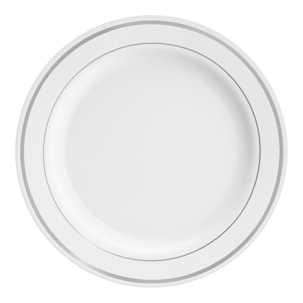 A white plastic plate with two silver bands around the rim.
