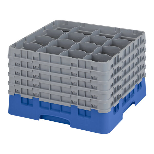 A blue Cambro plastic glass rack with extenders.